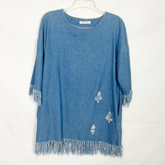 Better Be Dresses & Skirts - Better Be Y2K Retro Fringe Denim Tunic Dress Medium Boho Western Festival Hippie